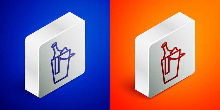 Isometric line Bottle of wine in an ice bucket icon isolated on blue and orange background. Silver square button. Vector.