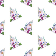 Seamless pattern. Nice illustrated house in lilac colors. A fabulous house with a garden and a cat in the yard.