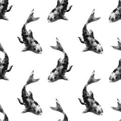 Fish koi carp ink and wash black and white pattern design. Japanese hand drawn painting style
