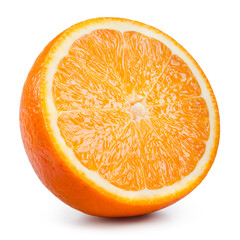 Orange half isolated. Orange slice isolate. Orange fruit half on white. With clipping path. Full depth of field.