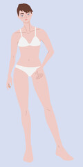 Slim woman in underwear. Full length portrait of tall model with short hair and long legs. Thin young girl with lightly boyish figure. Perfect base for realistic fashion sketch