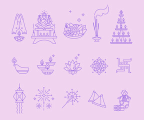 Fototapeta na wymiar Diwali, Hindu festival of lights - Set of outline icons. Deepavali symbols. Lamps Dipa, sand art Rangoli, home altar for Puja offerings and gifts. Use for greeting card, invitation, banner or app