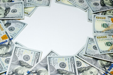 One hundred US dollars banknotes, background, 100 us dollars,cash paper money, top view, Wallpaper, financial concept, economy.