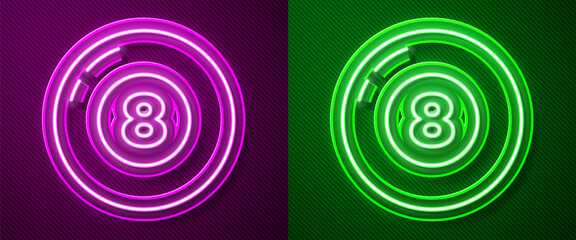 Glowing neon line Billiard pool snooker ball icon isolated on purple and green background. Vector.