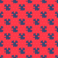 Blue line Tic tac toe game icon isolated seamless pattern on red background. Vector.