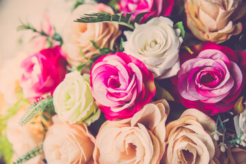 valentine day background, wedding bouquet roses flower close up in retro filter