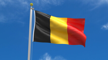 Belgium Flag Country 3D Rendering Waving, fluttering against the background of the blue sky with silver pole
