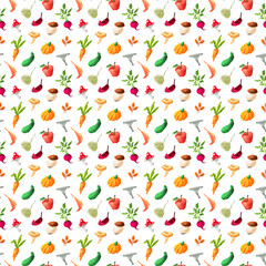 Seamless pattern. Autumn harvest: fruits, vegetables, and mushrooms. Healthy lifestyle, vegetarianism