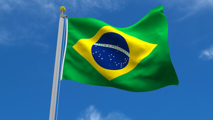 Brazil Flag Country 3D Rendering Waving, fluttering against the background of the blue sky with silver pole