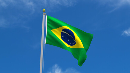 Brazil Flag Country 3D Rendering Waving, fluttering against the background of the blue sky with silver pole