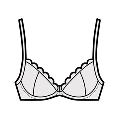 Bra scalloped cups lingerie technical fashion illustration with full adjustable shoulder straps, hook-and-eye closure. Flat brassiere template front grey color style. Women unisex underwear CAD mockup