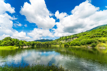 Nature landscape of Ba Be lake ( another name is Nui Da lake, May Nui lake ) in Ma Thien Lanh valley, Ba Den mountain, Tay Ninh province, Vietnam.