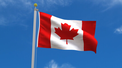 Fototapeta na wymiar Canada Flag Country 3D Rendering Waving, fluttering against the background of the blue sky with silver pole