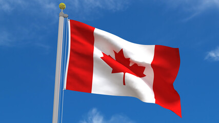 Canada Flag Country 3D Rendering Waving, fluttering against the background of the blue sky with silver pole