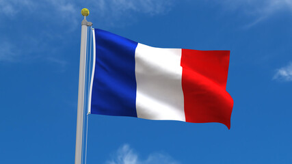 France Flag Country 3D Rendering Waving, fluttering against the background of the blue sky with silver pole