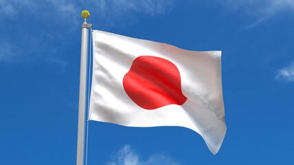 Fototapeta na wymiar Japan Flag Country 3D Rendering Waving, fluttering against the background of the blue sky with silver pole