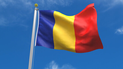 Romania Flag Country 3D Rendering Waving, fluttering against the background of the blue sky with silver pole
