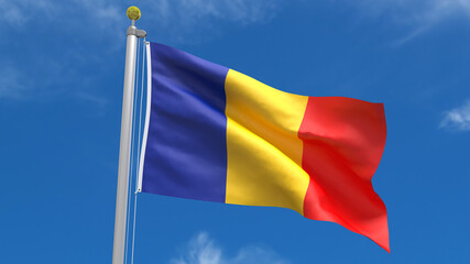 Romania Flag Country 3D Rendering Waving, fluttering against the background of the blue sky with silver pole