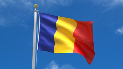 Romania Flag Country 3D Rendering Waving, fluttering against the background of the blue sky with silver pole