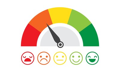 Red to green colorful scale with arrow and emotions. The measuring device icon. The sign of tachometer, speedometer, indicator. 