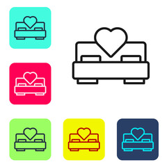 Black line Bedroom icon isolated on white background. Wedding, love, marriage symbol. Bedroom creative icon from honeymoon collection. Set icons in color square buttons. Vector.