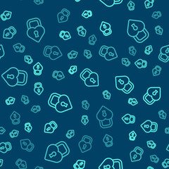 Green line Castle in the shape of a heart icon isolated seamless pattern on blue background. Locked Heart. Love symbol and keyhole sign. Vector.