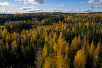 Aerial photo of sunset over rural landscape in Finland