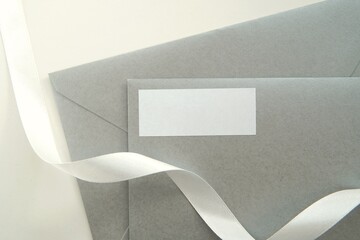 Return address label mockup on silver envelope for wedding, 1x2,5 empty sticker.