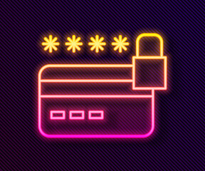 Glowing neon line Credit card with lock icon isolated on black background. Locked bank card. Security, safety, protection. Concept of a safe payment. Vector.