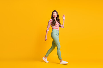 Fototapeta na wymiar Full length body size side profile photo of girl with hurrying up waving with hand smiling isolated on bright yellow color background