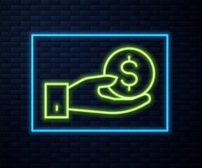 Glowing neon line Human hand giving money icon isolated on brick wall background. Receiving money icon. Vector.