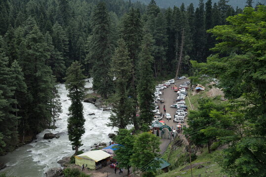 River and parking at Betaab valley near Pahalgam, Jammu Kashmir, India