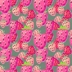 Seamless pattern with ripe strawberry. Hand drawn texture with berries watercolor background