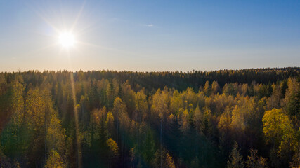Fototapeta na wymiar Aerial photo of sunset over rural landscape in Finland