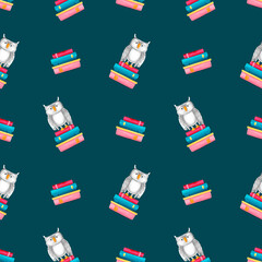 Seamless pattern. Bright illustration from owls and books.