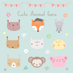 Cute animal face hand draw.flat design character.