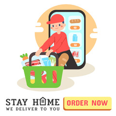 online grocery store on mobile application.Delivery man with shopping cart full of groceries. flat design character.