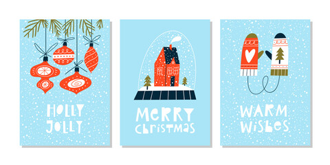 Christmas greeting cards or tags with lettering and hand drawn design elements. Postcard or invitation template. 