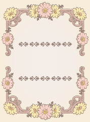 ガーベラの花を使ったアンティークな装飾フレームと装飾エレメント。ベクター素材
