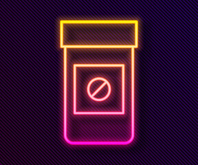 Glowing neon line Sports doping, anabolic drugs icon isolated on black background. Anabolic steroids tablet. Pills in jar. Vector.
