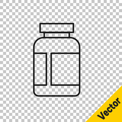 Black line Sports nutrition bodybuilding proteine power drink and food icon isolated on transparent background. Vector.