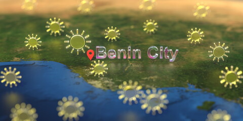 Sunny weather icons near Benin city on the map, weather forecast related 3D rendering