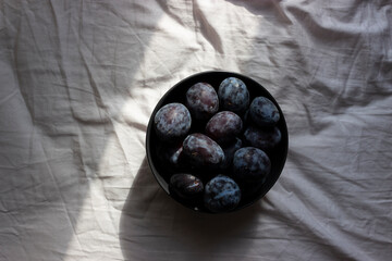 Plums isolated on textured background. Still life photography. Fruit pattern. Dark, moody, minimal photography.