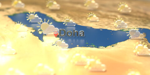 Fototapeta na wymiar Doha city and partly cloudy weather icon on the map, weather forecast related 3D rendering