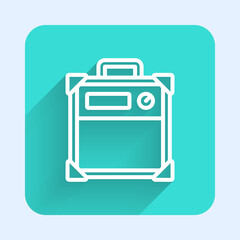 White line Guitar amplifier icon isolated with long shadow. Musical instrument. Green square button. Vector.