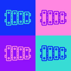 Pop art line Xylophone - musical instrument with thirteen wooden bars and two percussion mallets icon isolated on color background. Vector.
