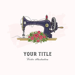 Vector hand drawn illustration of sewing machine and flowers