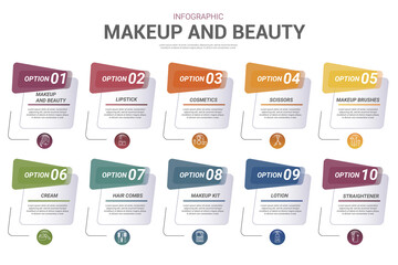Infographic Makeup And Beauty template. Icons in different colors. Include Makeup And Beauty, Lipstick, Cosmetics, Scissors and others.