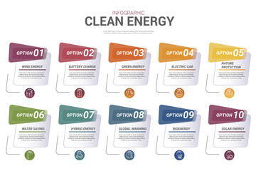Infographic Clean Energy template. Icons in different colors. Include Wind Energy, Battery Charge, Green Energy, Electric Car and others.