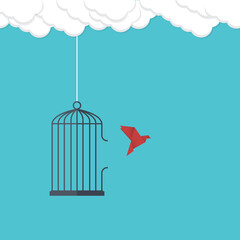 Flying bird and cage. Freedom concept. Emotion of freedom and happiness. Minimalist style. © madedee